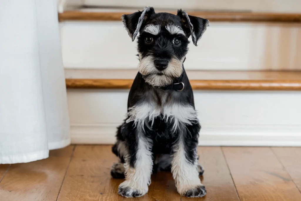 A Miniature Schnauzer puppy sitting on wooden flooring with a white curtain and stairs in the background.