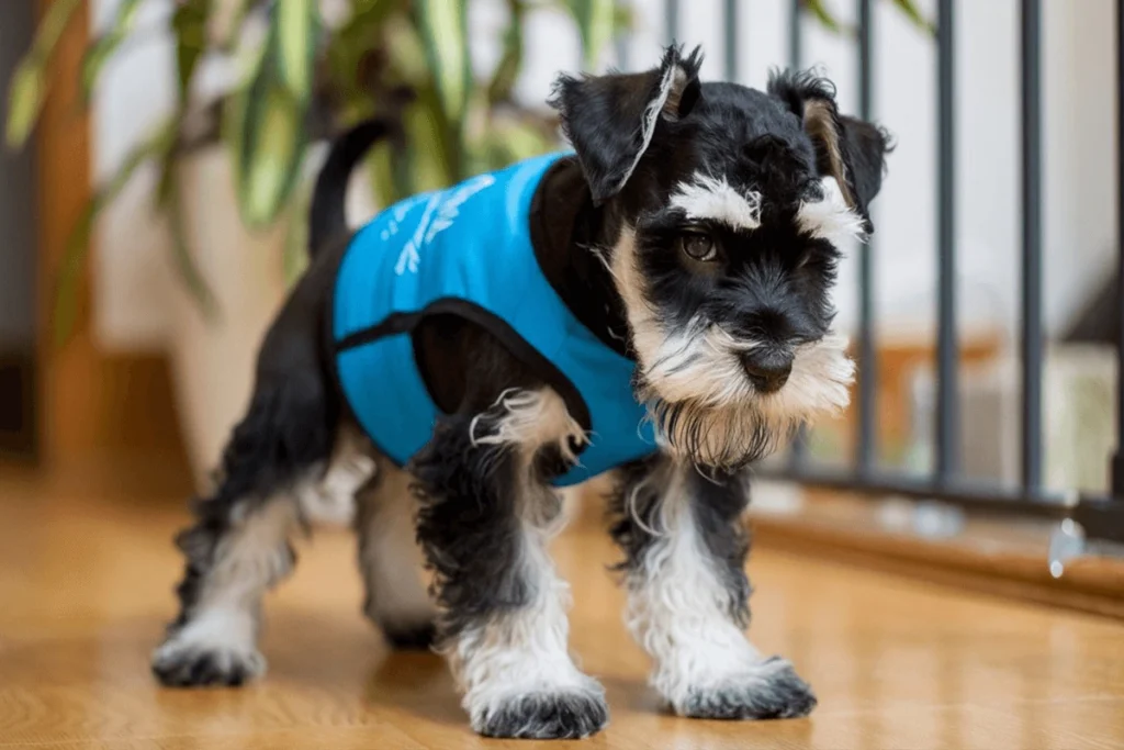  A black and white Miniature Schnauzer puppy wearing a blue vest indoors.