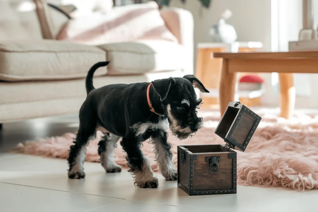 A Miniature Schnauzer puppy with a pink collar examining a small wooden chest indoors.