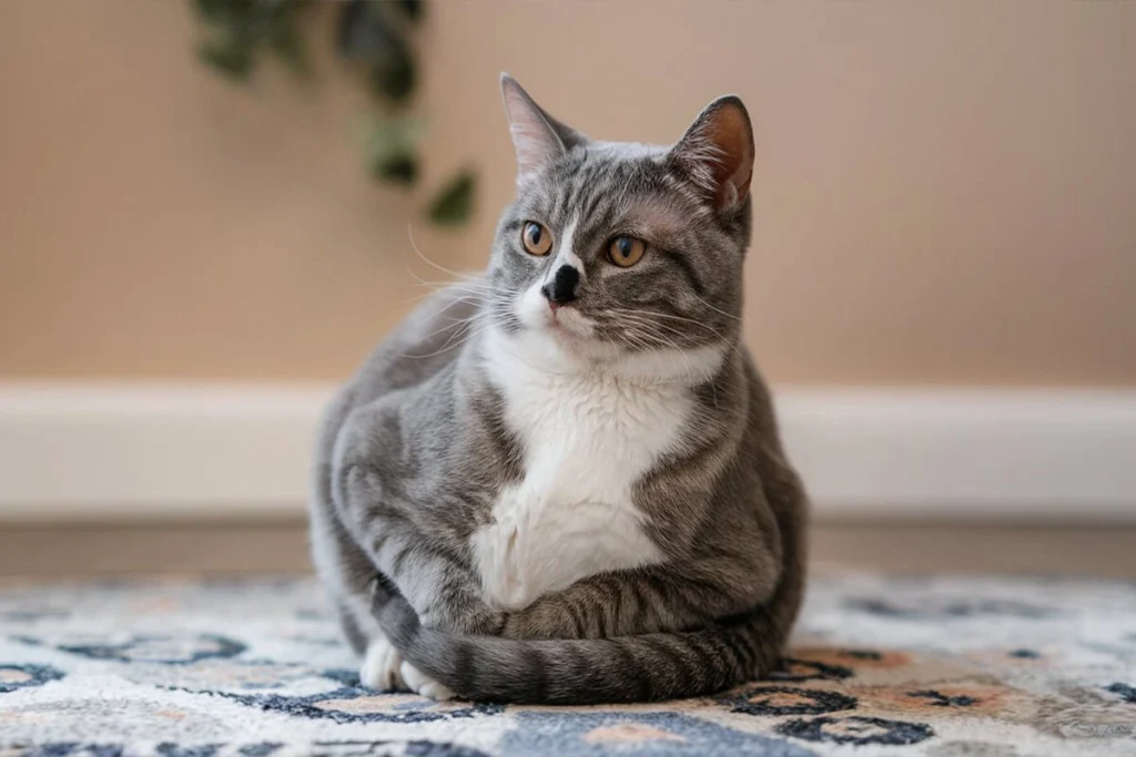 A grey and white tabby cat curled up on a rug.