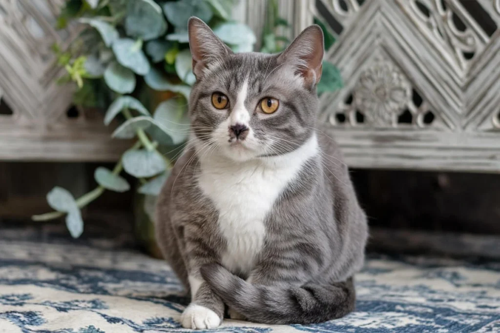 A gray and white Munchkin cat​ sitting on a patterned rug, looking towards the camera.