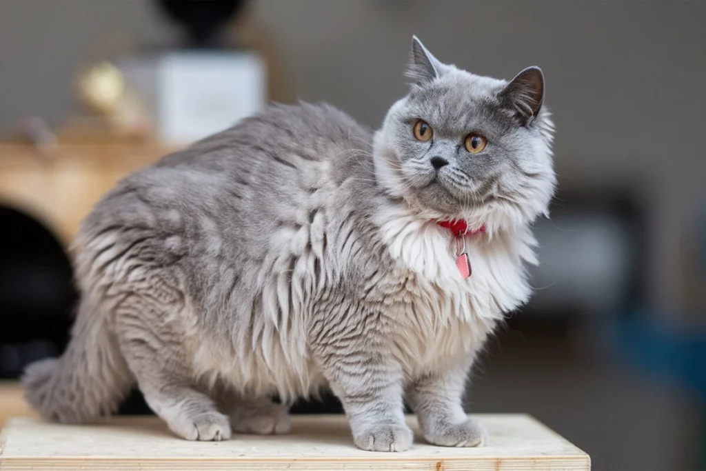 A fluffy grey munklin cat with a red collar standing on a wooden surface.