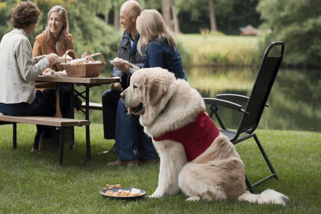 A light-colored dog with a red vest sits on a grass lawn next to a picnic area, looking at a plate of food.