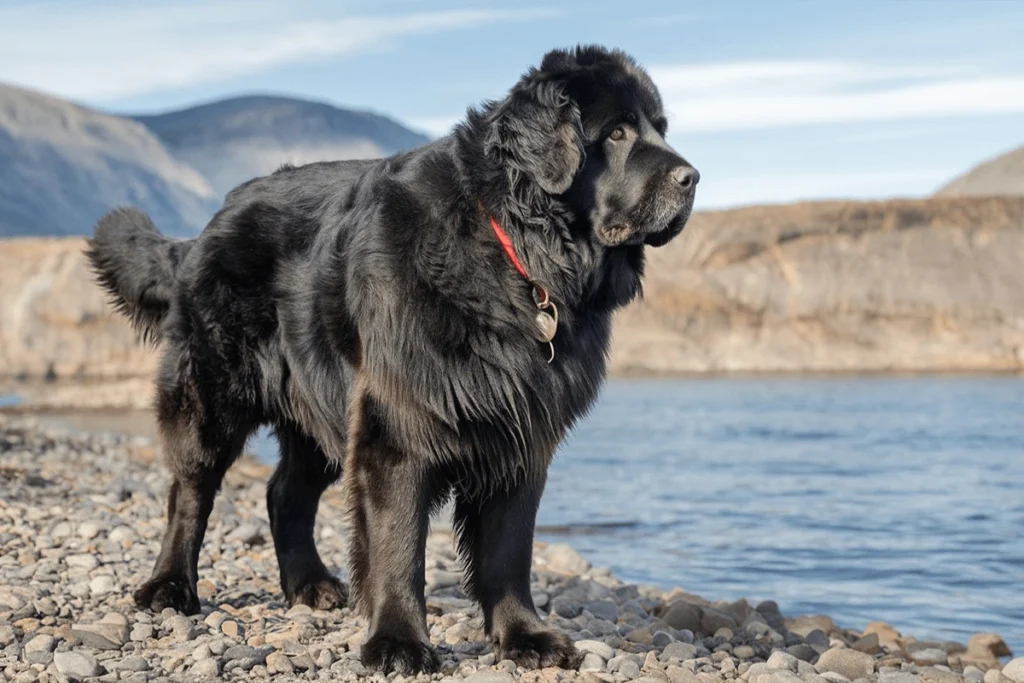 A large, black Newfoundland dog stands on a rocky shoreline, looking to the right, with a lake and mountains in the background.