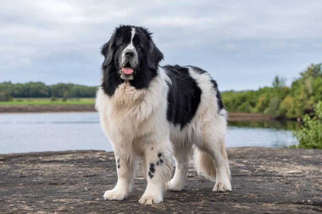 A black and white Newfoundland dog stands on a flat rock with a lake and trees in the background.