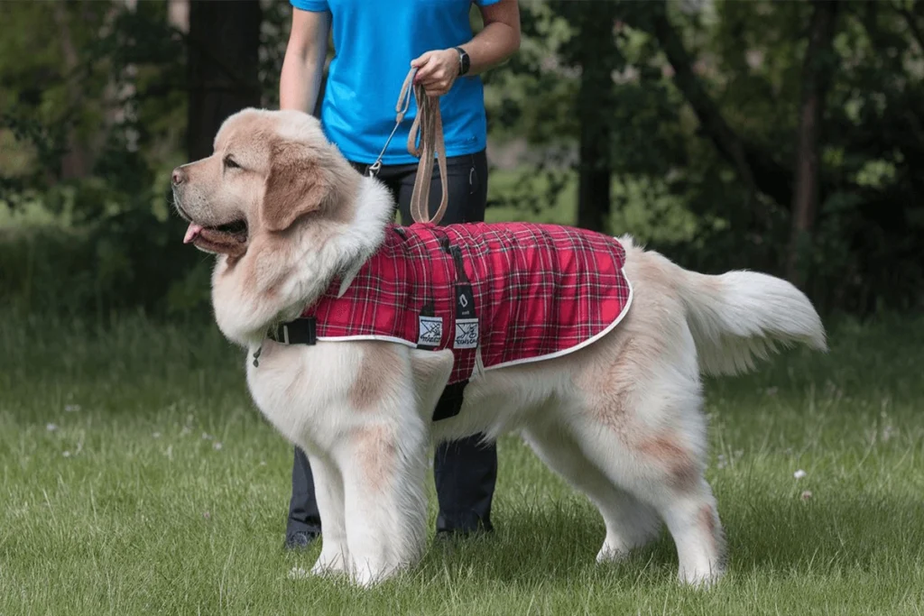 A light-colored dog wearing a red plaid jacket is standing on a grassy area, with a person holding its leash in the background.