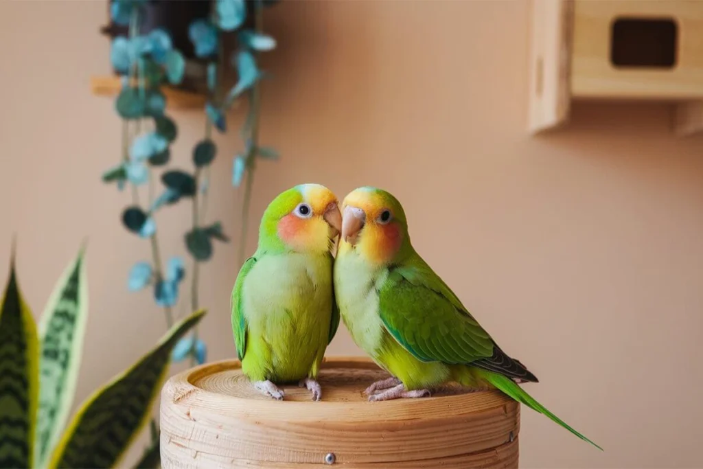 Two lovebirds perched closely together on a wooden platform.