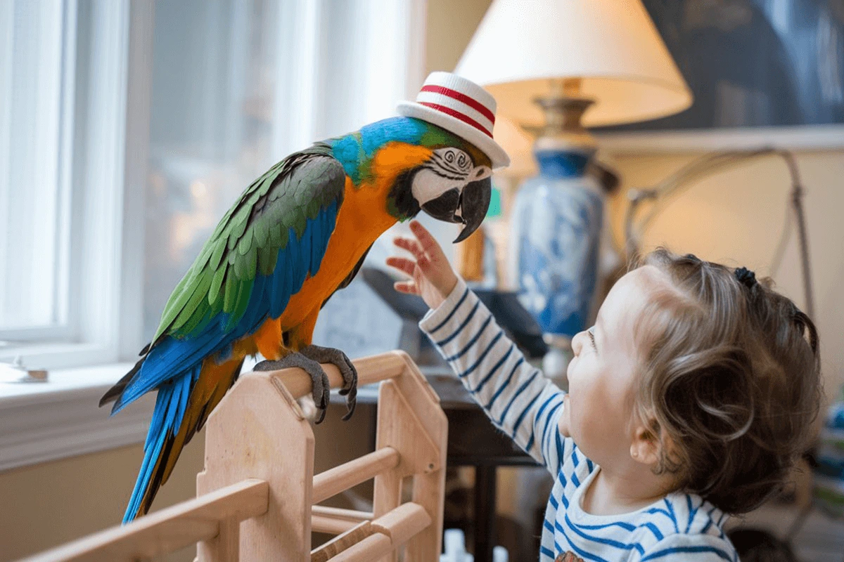 A Blue-and-Gold Macaw wearing a red and white striped top hat interacting with a toddler.