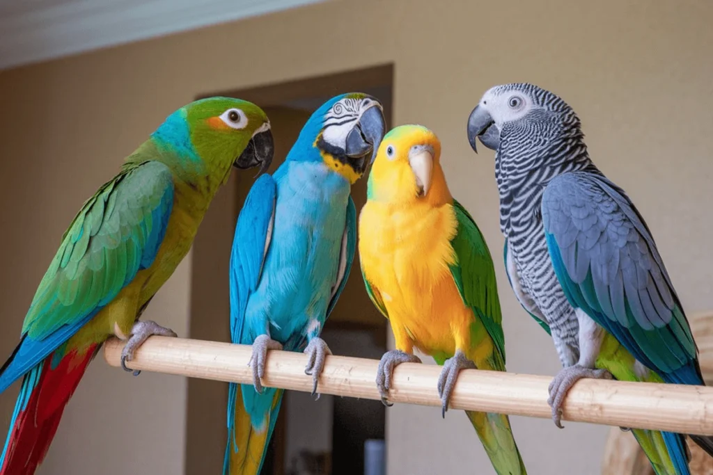 Whats the Funny Parrot Names for these Four different species of parrots perched side-by-side on a wooden dowel: a Red-shouldered Macaw, a Blue-and-Gold Macaw, a Yellow-fronted Amazon, and an African Grey Parrot.