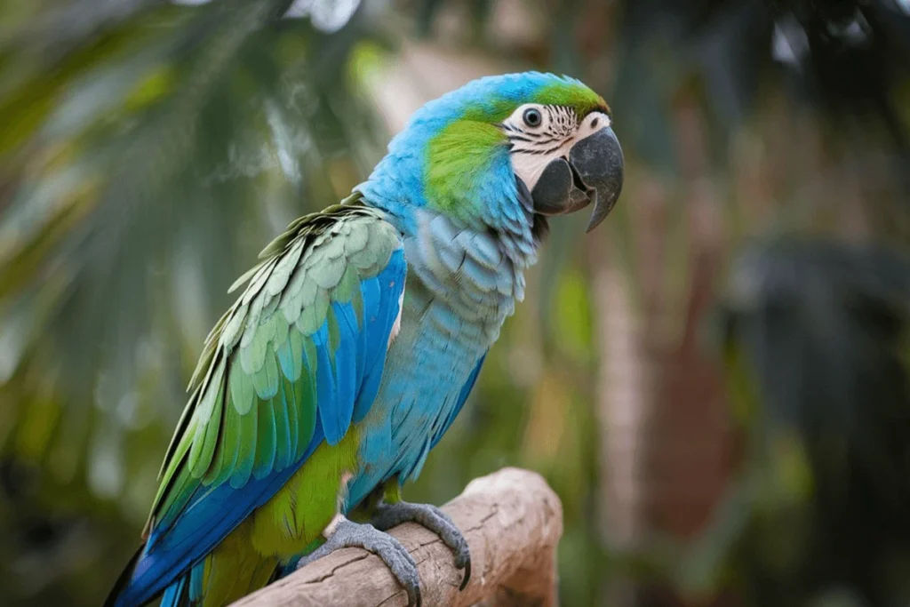 A blue and green parrot perched on a branch in a lush green environment.