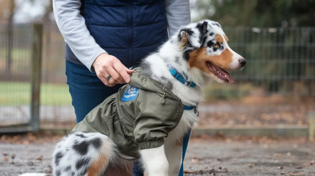 An Australian Shepherd puppy sitting attentively in front of a pet trainer, who is gesturing and smiling warmly.