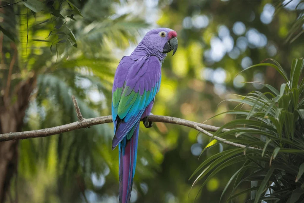 A vibrant Purple Parrot-breasted macaw perched on a branch in a lush, green forest.