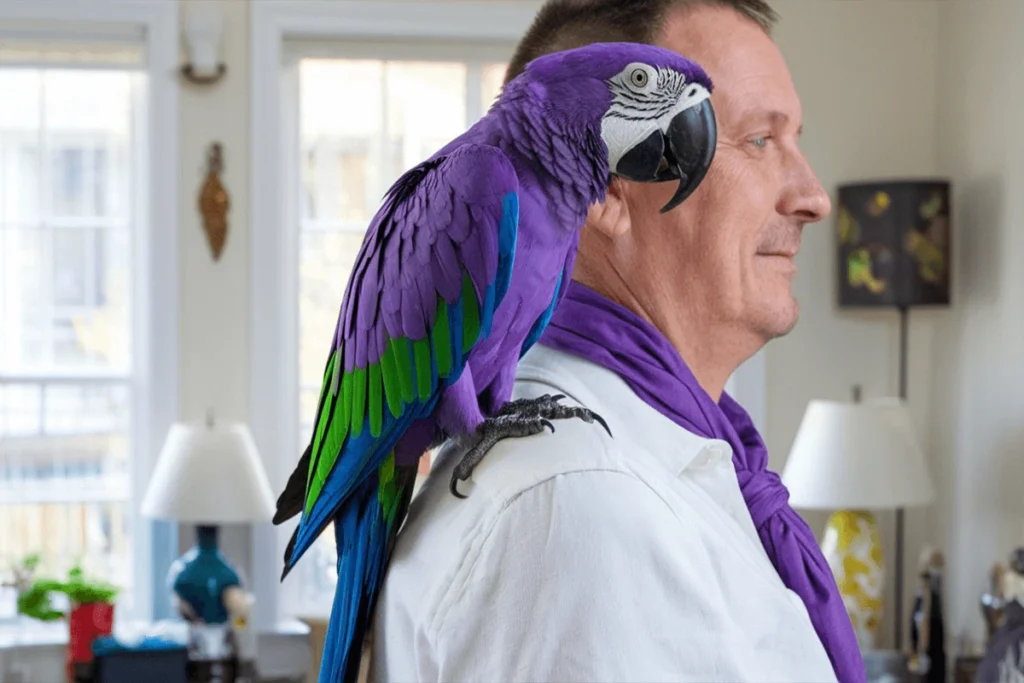 A Purple Parrot-breasted macaw perched on a man's shoulder, looking to the left.