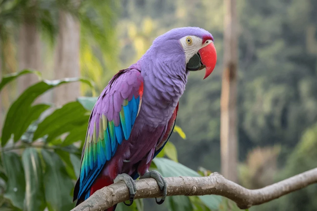 A striking lilac-breasted macaw with a bright red beak perches on a tree branch in a natural setting.