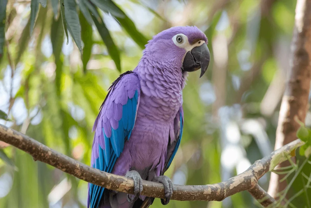 A close-up of a lilac-breasted macaw perched on a tree branch, with focus on the bird's lilac and blue feathers.