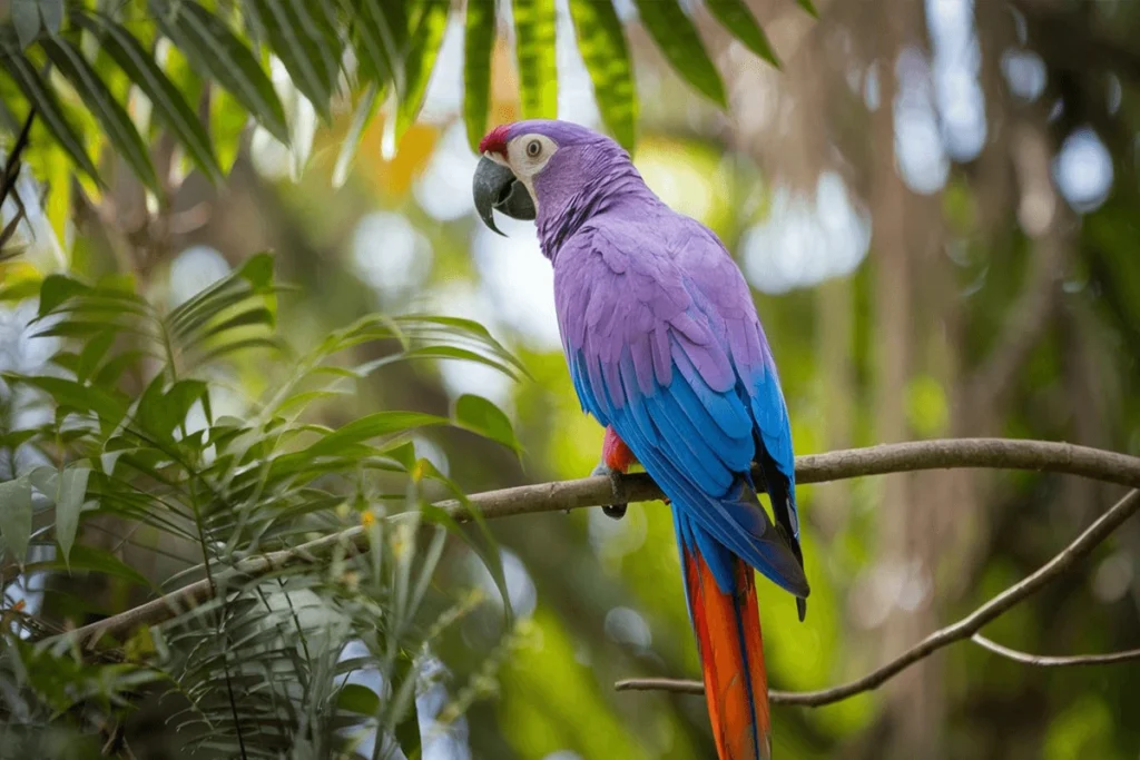 A lilac-breasted macaw displaying its vibrant purple, blue, and red feathers as it perches on a branch in a forest.