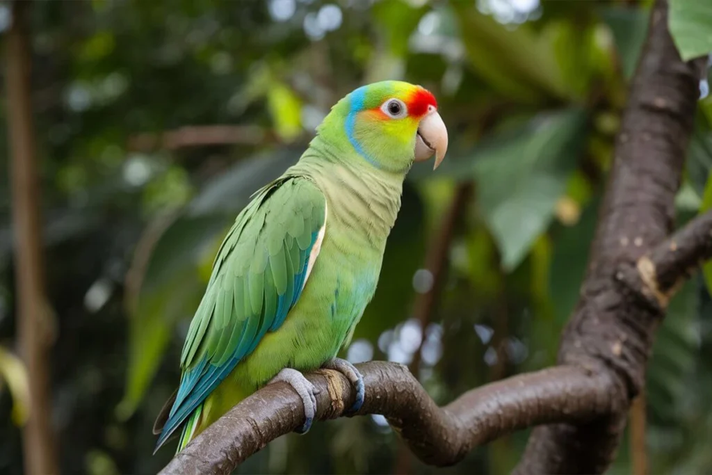 A colorful parrot perched on a branch, looking to the left.