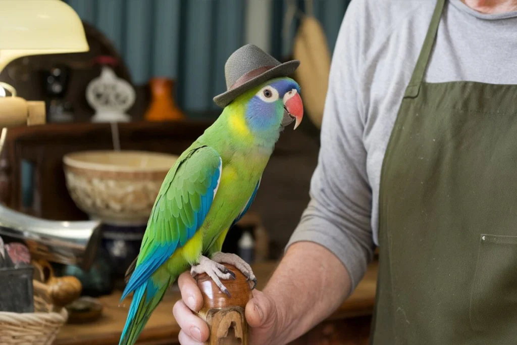 A quaker parrot wearing a small hat perched on a person's hand.