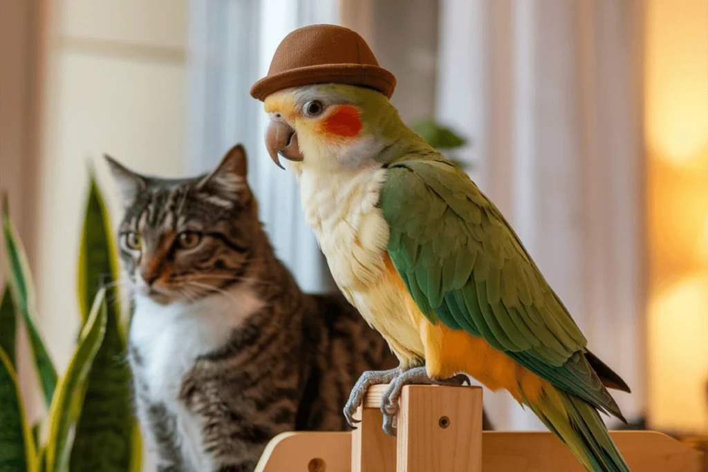 A Green-Cheeked Conure wearing a brown bowler hat next to a striped tabby cat in a room with house plants, pick some Funny Parrot Names for it