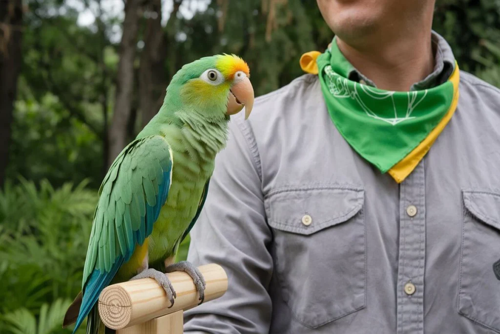  A green parrot with blue accents perched on a wooden rod with a man in the background.