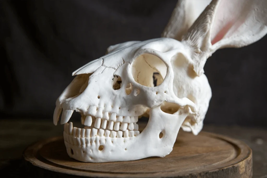 A rabbit skull sits on a rustic wooden surface, with a blurry foliage background.