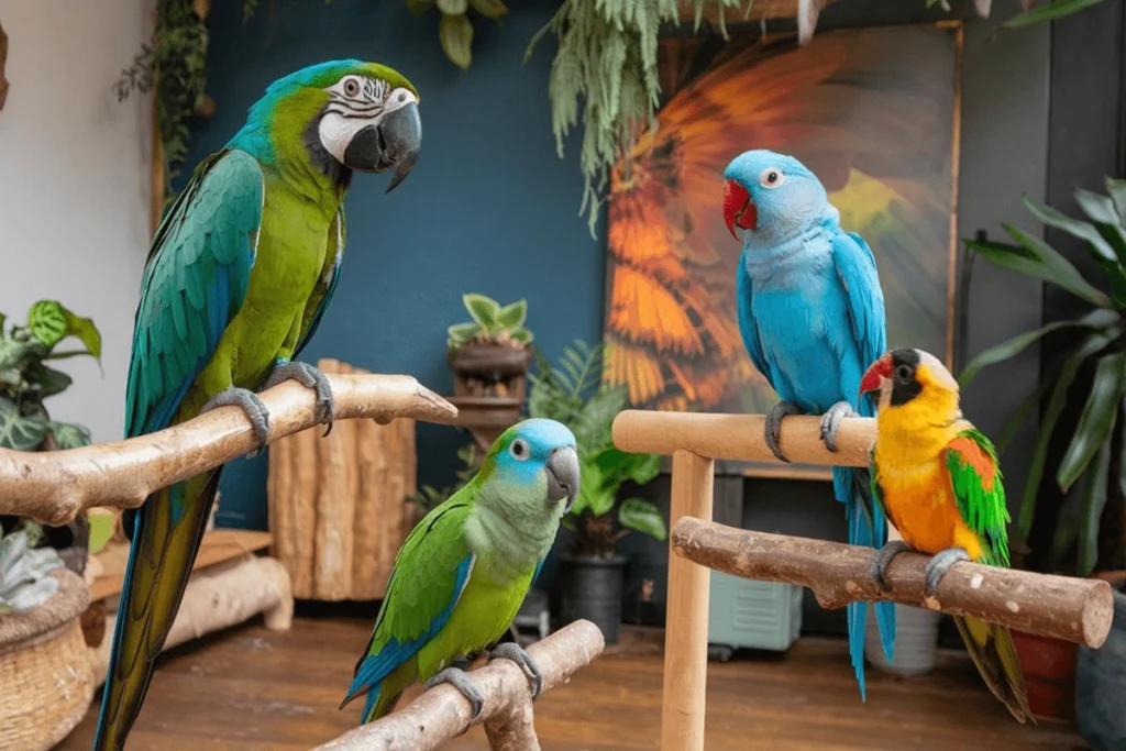 Four parrots of different species perched with different Funny Parrot Names on separate branches in an indoor setting, featuring a Blue-headed Macaw, a Turquoise Parrot, an Indian Ringneck Parrot, and a Black-headed Caique.