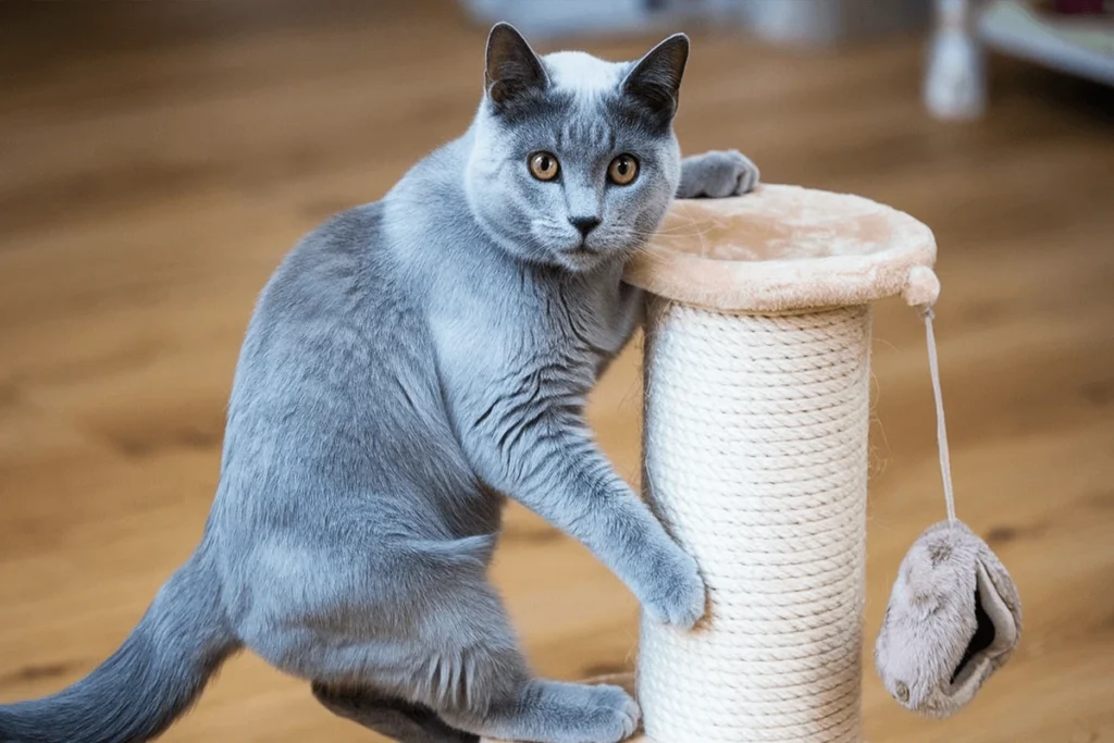 A Russian Blue cat is scratching a post on a cat tree, looking directly at the camera.