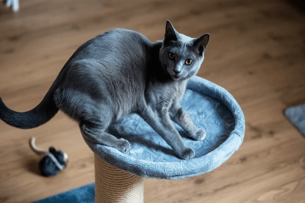 A Russian Blue cat is standing on a circular cat tree platform, with a toy mouse nearby.