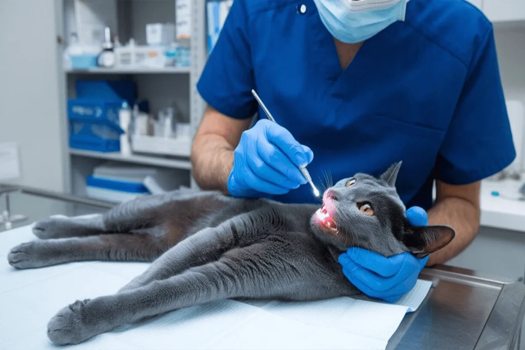  A Russian Blue cat getting its teeth examined by a veterinarian.