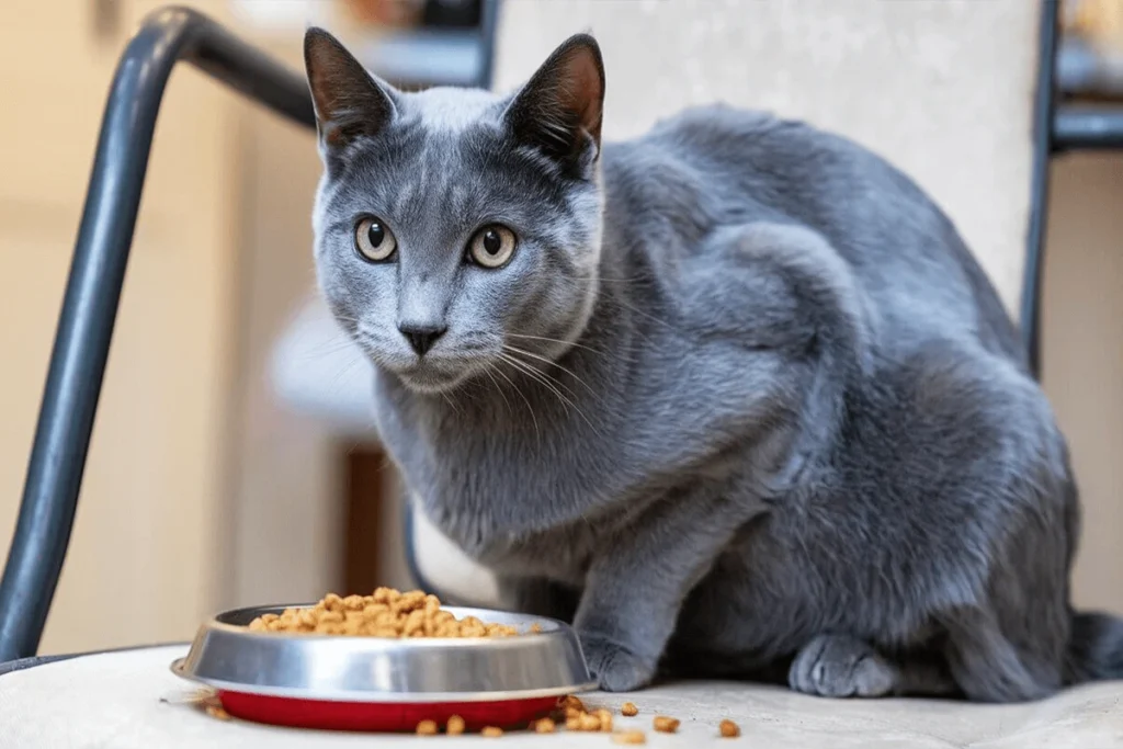 A cat is sitting near a food bowl on a chair.