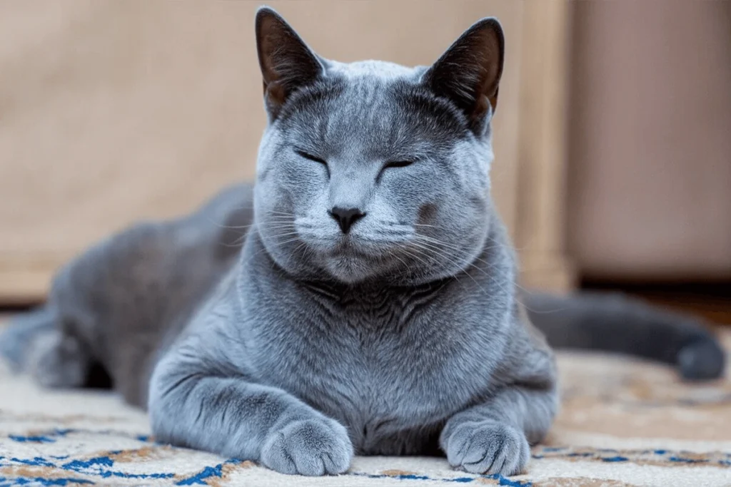 A Russian Blue cat with closed eyes, lying down on a patterned rug.