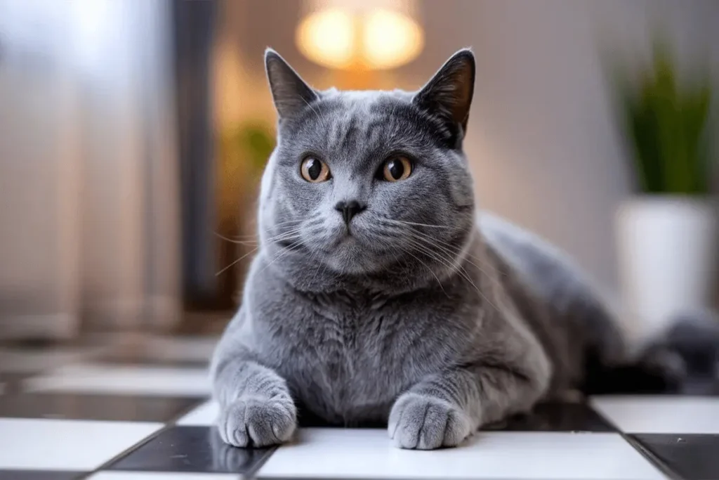 A Russian Blue cat with golden eyes sits on a black and white checkered floor.