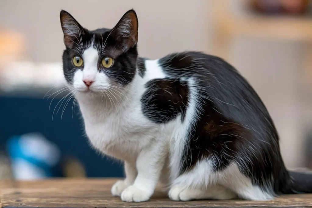 A full-body side view of a black and white cat sitting on a wooden surface. The cat has a white face, chest, and paws, with black patches on its head and back. Its eyes are bright and amber-colored, and it looks attentively to the left.