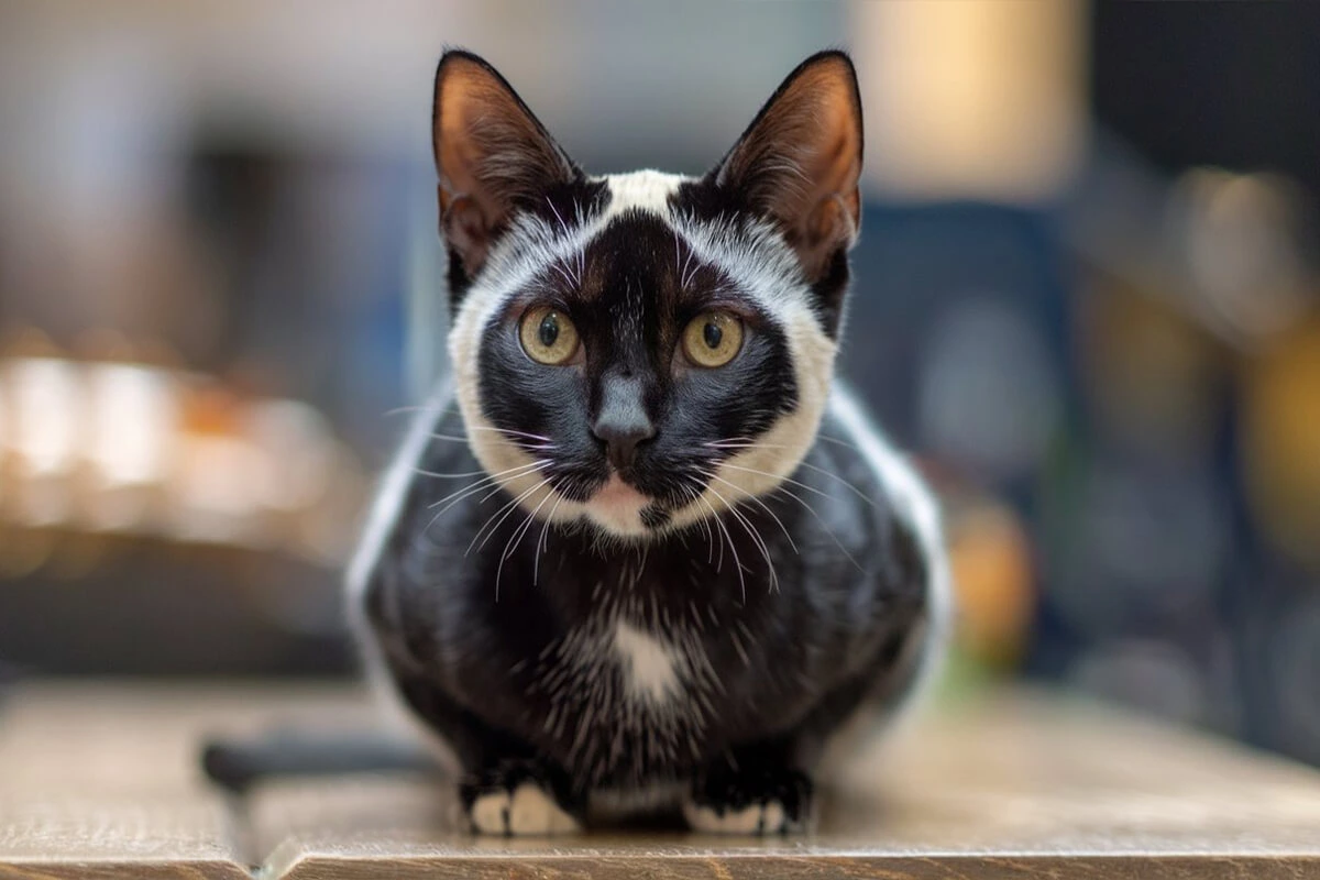 A close-up shot of a salty Licorice cat with striking markings, featuring a black face, ears, and back, with a white patch over the eyes and chest. The cat is seated facing the camera with its paws tucked under, resting on a wooden surface.