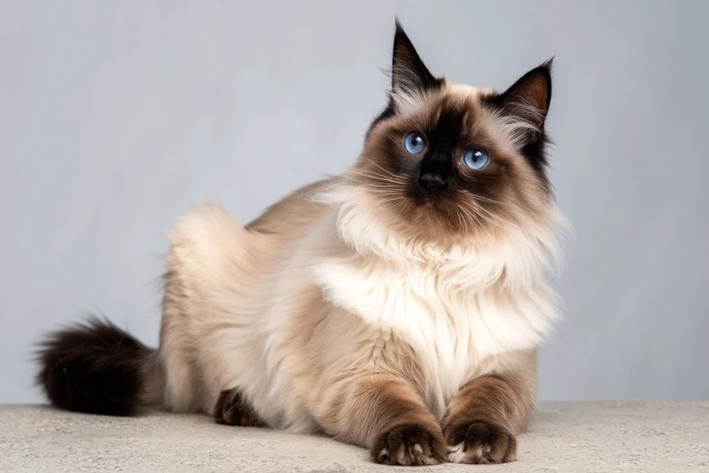 A Balinese cat with a seal point coat and bright blue eyes lying on a light surface against a grey background