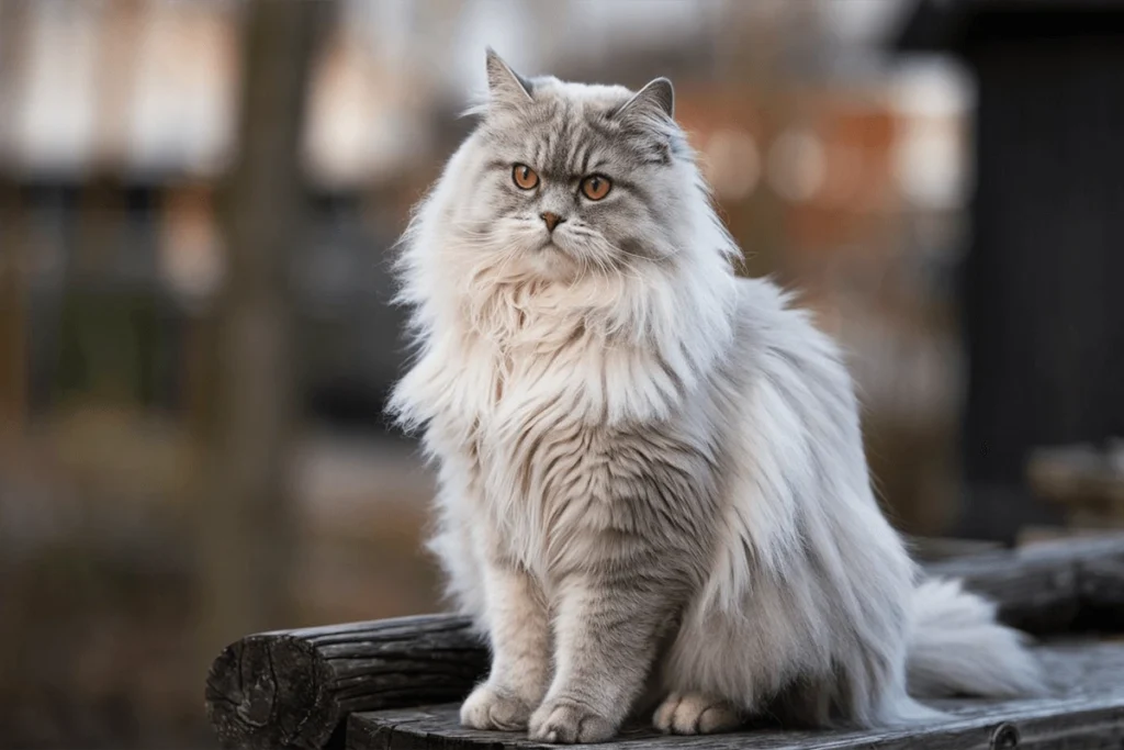 A fluffy, grey Siberian one of the best Hypoallergenic Cat sitting on a wooden surface with a blurred outdoor background.