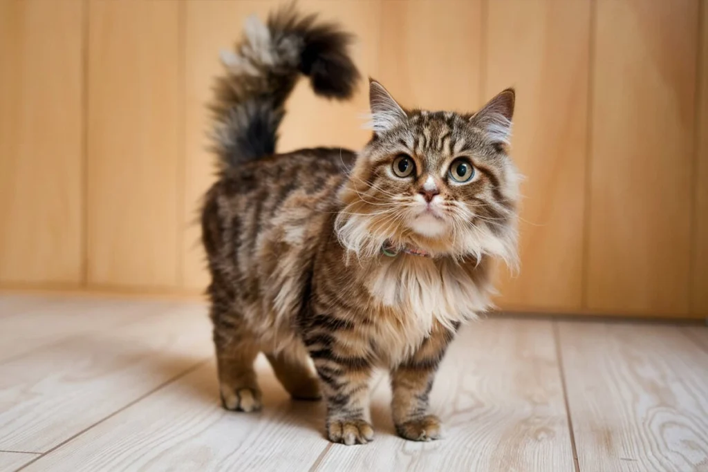 A brown Munchkin cat​ with a fluffy tail standing on a wooden floor.