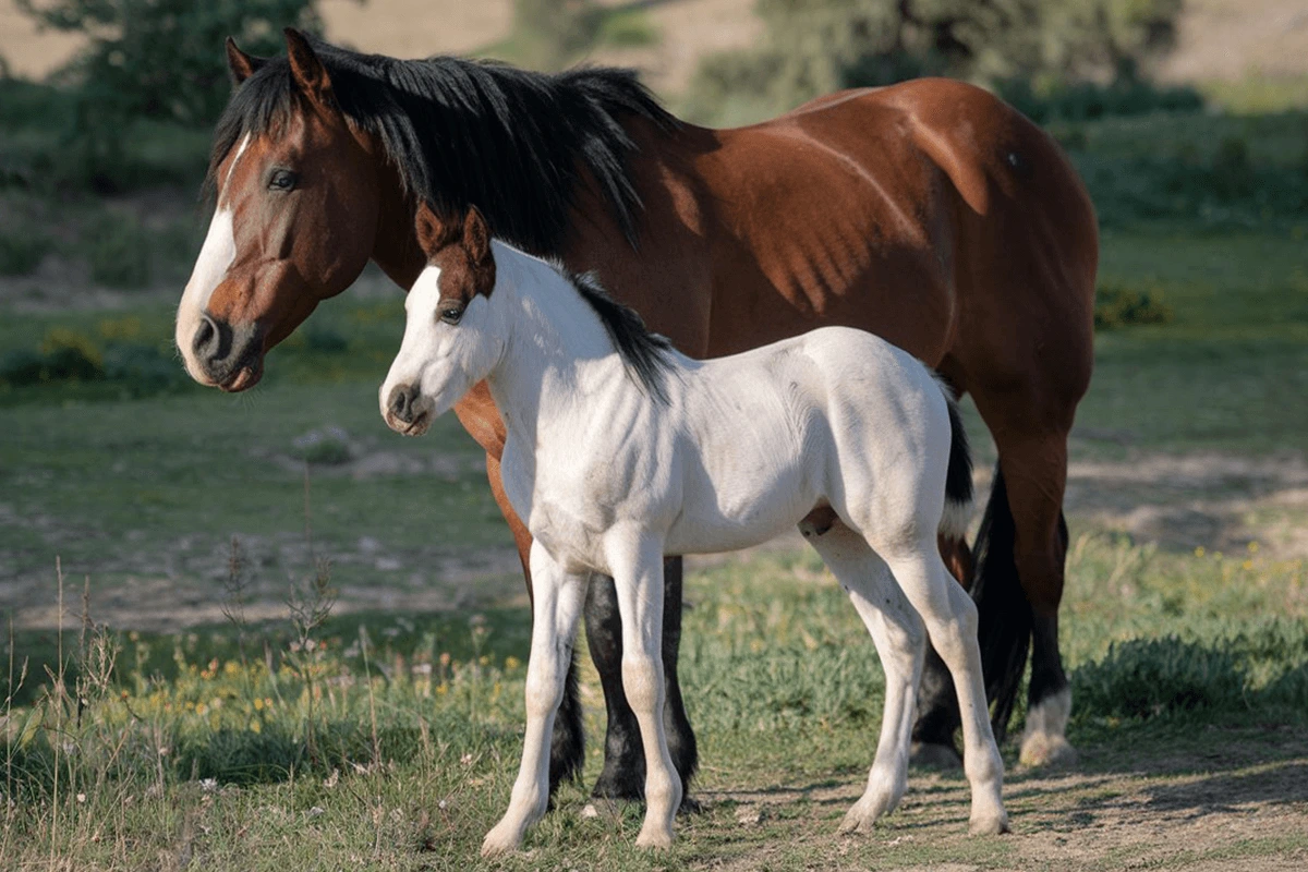 A brown mare standing beside a white foal in a field.