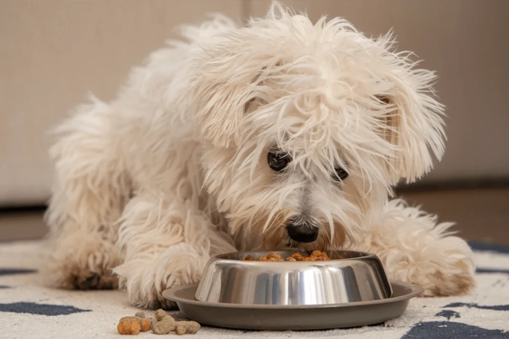 A fluffy white dog eating from a metal food bowl.