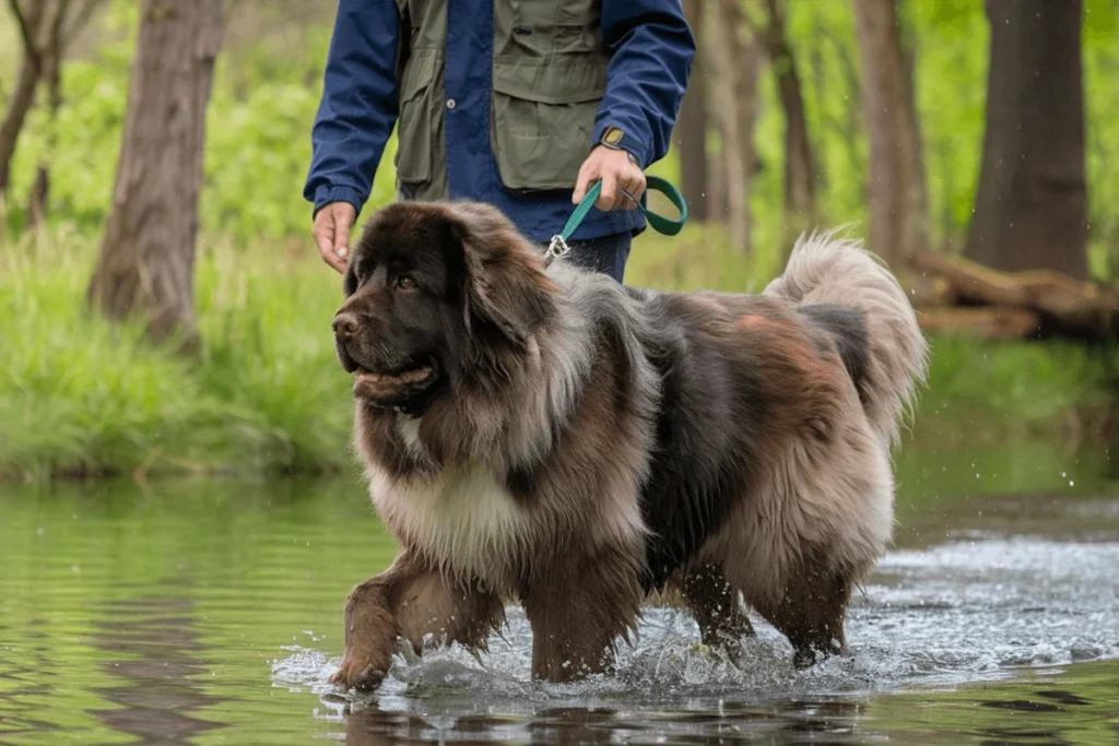 walking through shallow water, with a person holding a leash in the background.