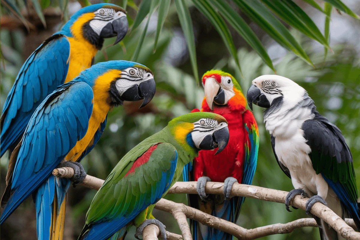 A group of five colorful parrots perched together on a branch, showcasing a variety of colors.