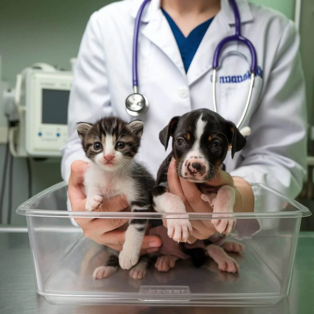 A veterinarian is holding a tiny kitten and puppy in a clear container. The kitten is a striped tabby and the puppy is black with white markings. They are being held gently in the veterinarian's hands in front of the veterinary background.