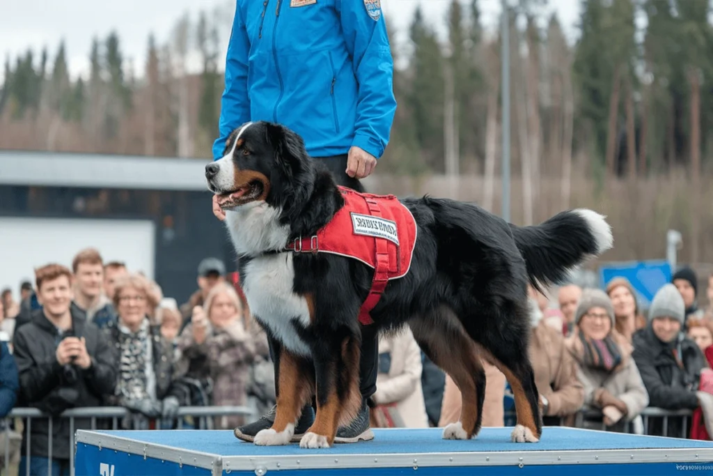 A fully grown Bernese Mountain Dog standing on a platform with a red 'Service Dog' vest while a crowd of people look on.