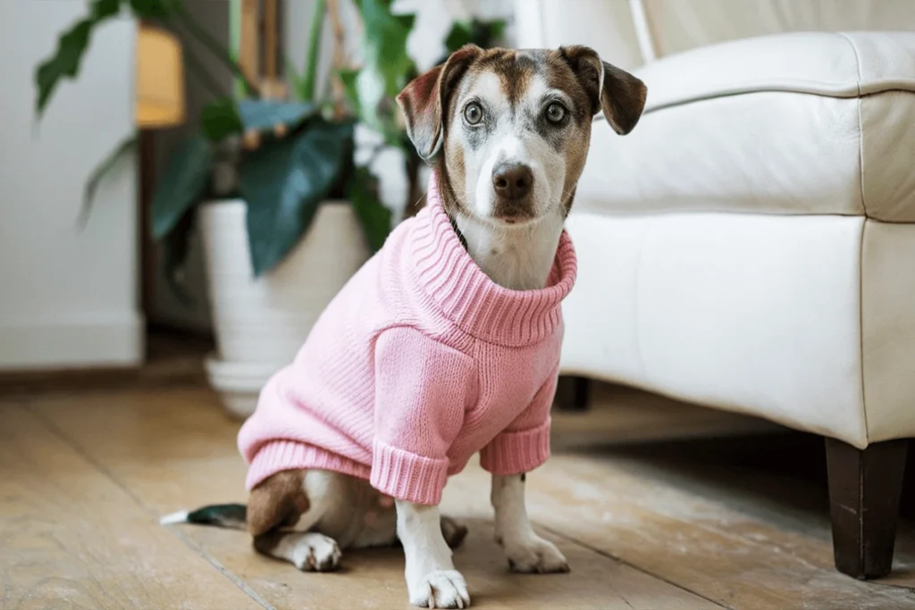 A small brown and white Female Dog wearing a pink sweater indoors