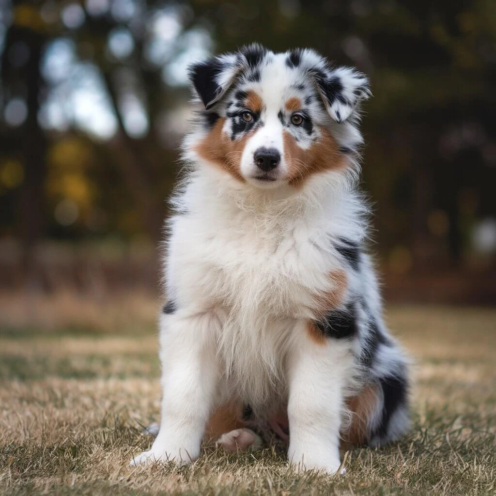 A blue merle puppy standing confidently in a grassy field, showcasing its bright blue eyes and fluffy coat.