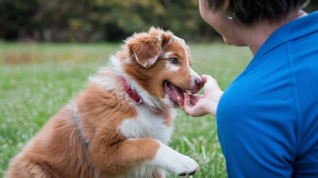 training with a professional pet trainer in a sunny outdoor setting.