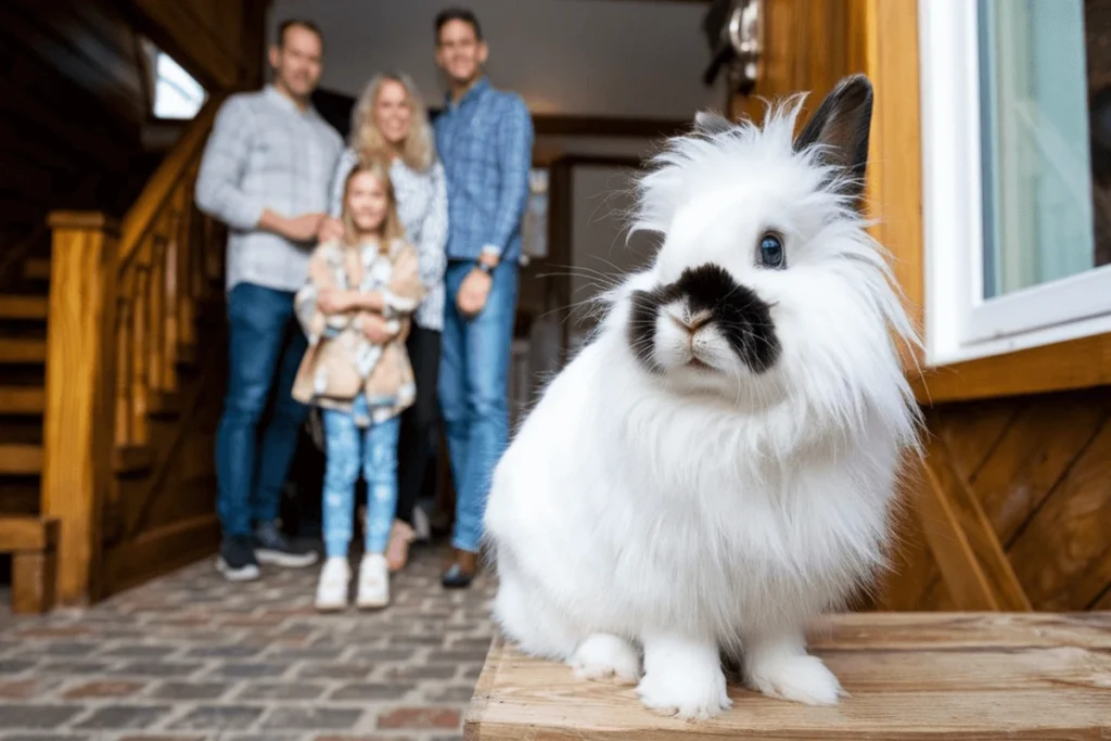 A white rabbit with a black spot on its face is sitting on a small wooden table with a family standing in the background, whats the Names for Rabbits we should look for