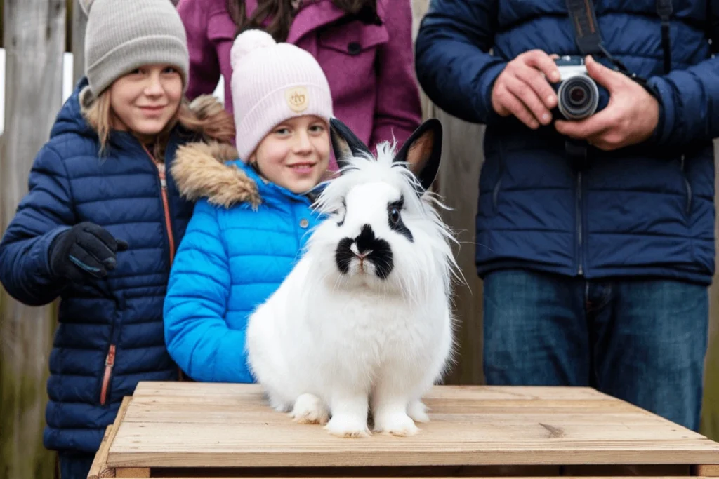 A white and black English Angora rabbit stands on a wooden crate in front of a family of four smiling at the camera, two children and two adults are in the photo.