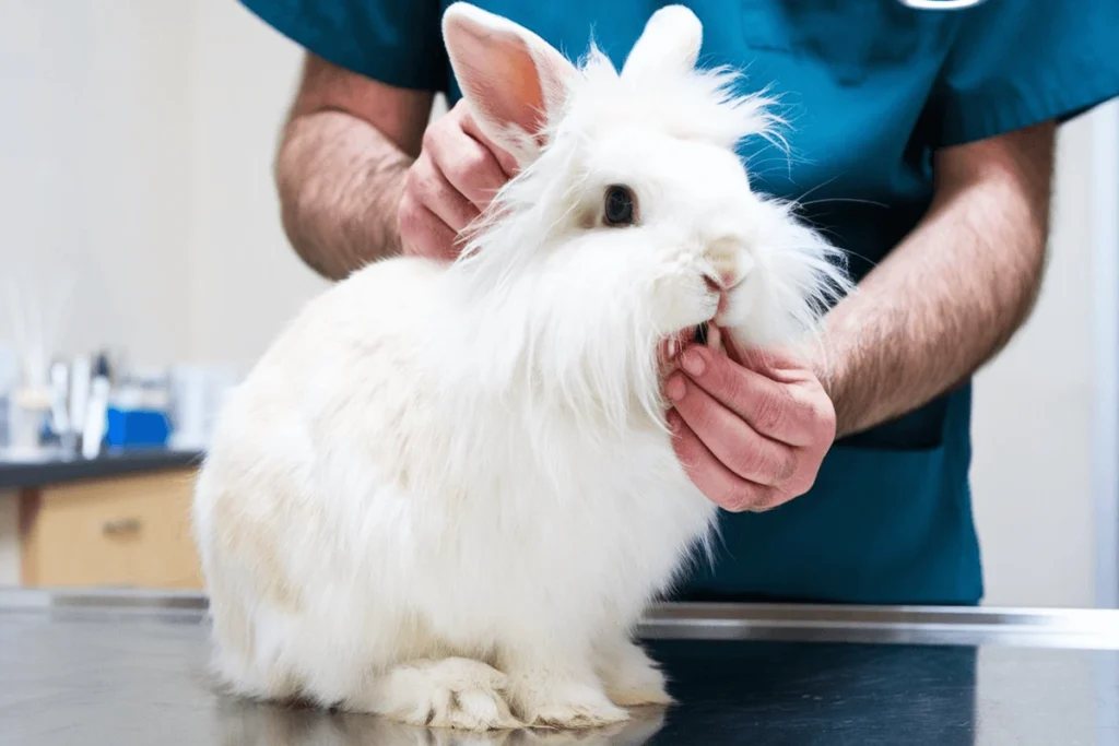 A rabbit is being examined by a veterinarian who is looking at it's teeth.