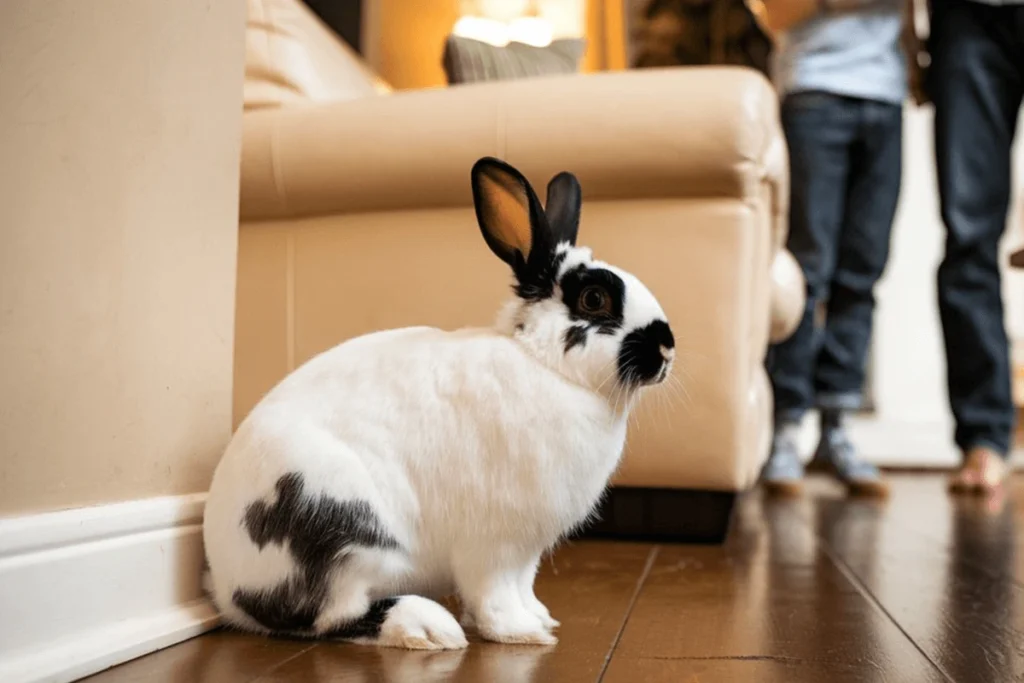 A white rabbit with black spots on its ears and body sits on a wooden floor.